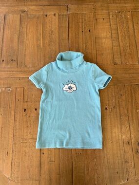 Mini rodini blue ribbed short sleeve turtle neck pearl applique 3-5 years